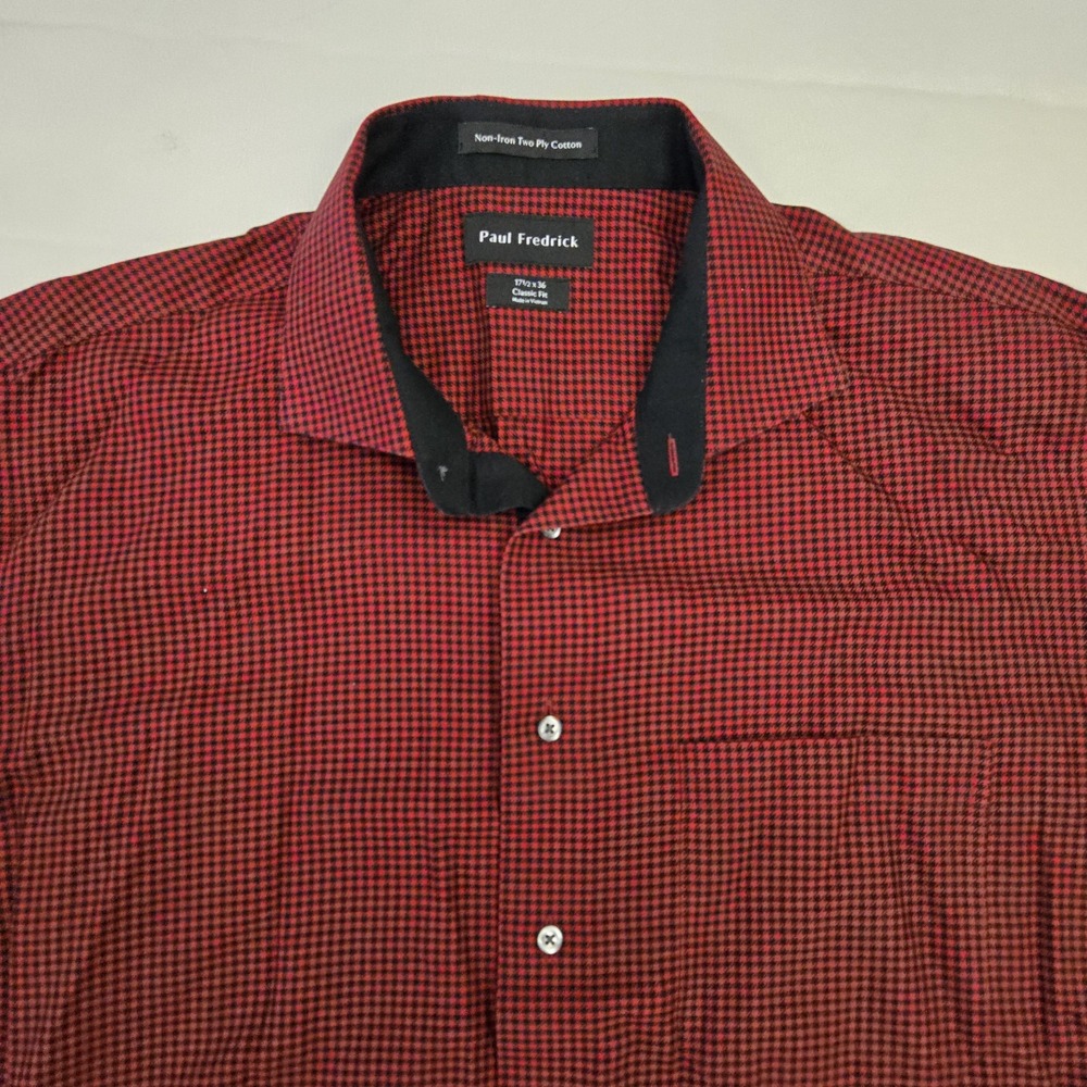 Paul Fredrick Men's Red & Black Houndstooth Cotton Dress Shirt 17.5  36  Classic